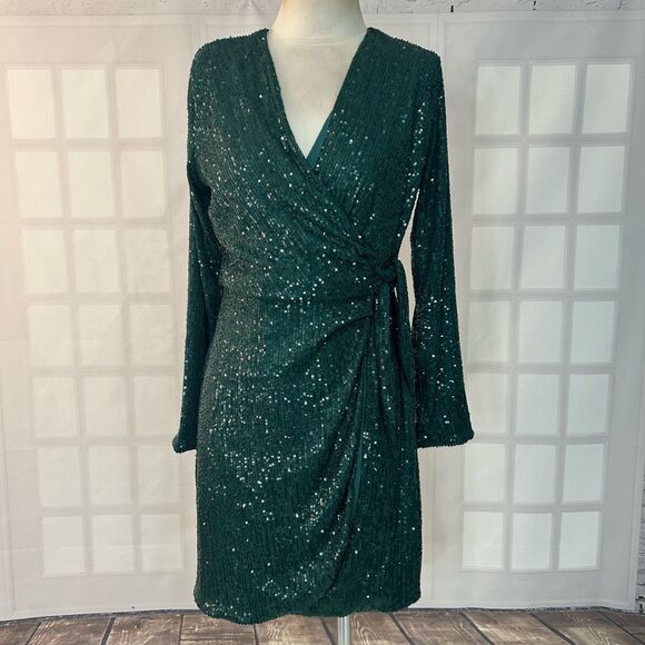 H&M nwt emerald green sequin Long Sleeve true Wrap Dress Size Small - Picture 1 of 9